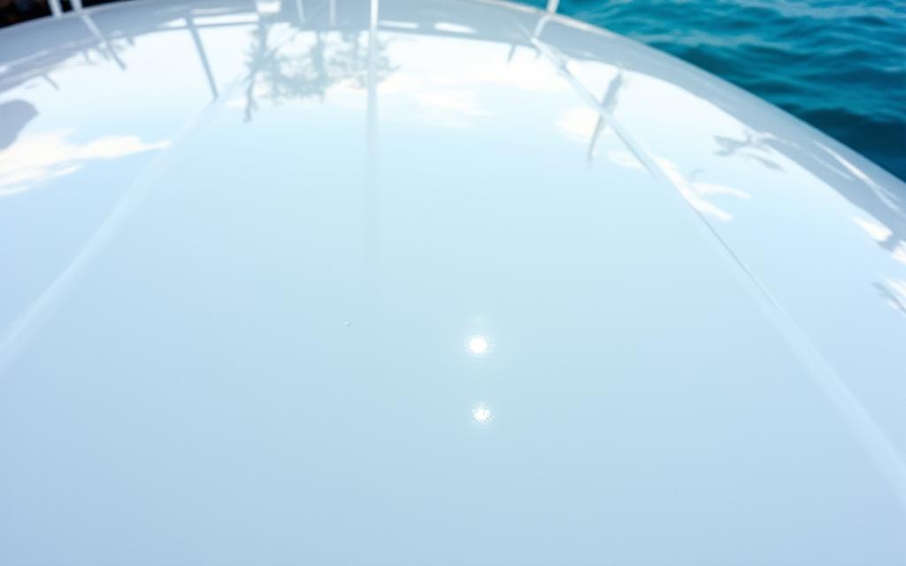 The same yacht hull now gleaming with a deep, reflective, mirror-like finish after restoration.