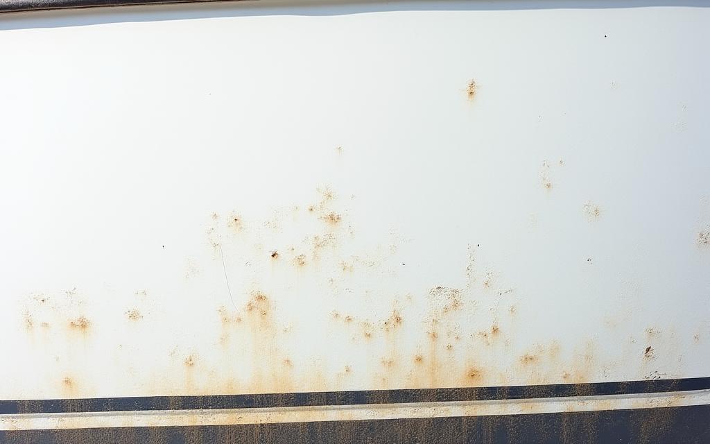 The dull, chalky, and oxidized side of a white yacht hull before restoration.