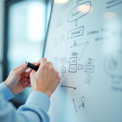 A person writing a detailed plan on a whiteboard.